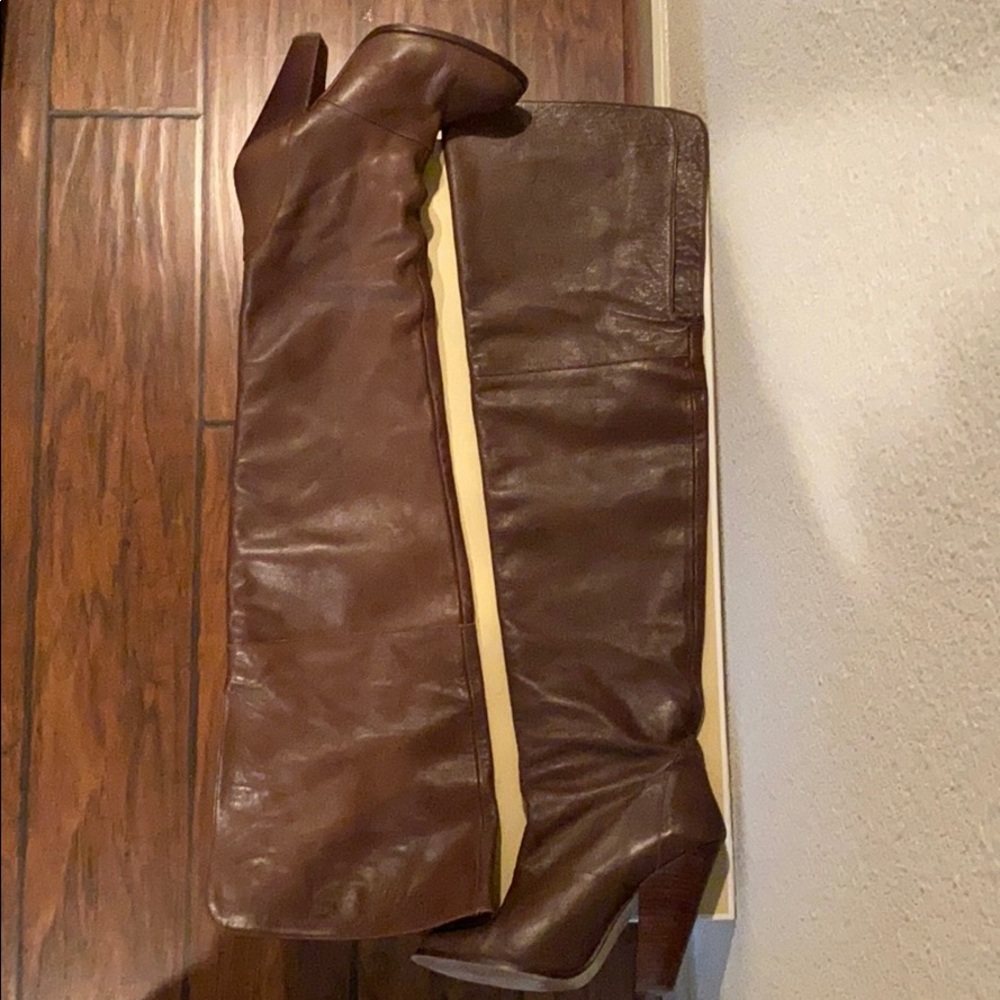 Zara Real Calf Leather Brown Over the Knee Boots 8